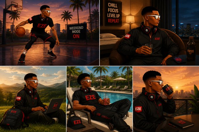 A collage of five stylized images featuring a young man wearing white sunglasses and black clothing with "EZE" branding, shown in various settings including playing basketball at sunset, relaxing in a hotel room with "CHILL FOCUS LEVEL UP REPEAT" text, working on a laptop in nature, lounging by a pool, and drinking from a mug at a balcony.
