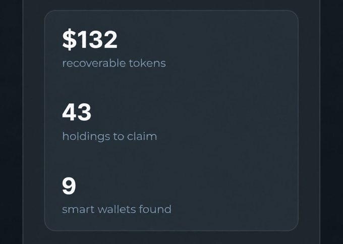A dark dashboard card displays "$132 recoverable tokens," "43 holdings to claim," and "9 smart wallets found," illustrating the potential airdrop and token recovery amount users could discover by pasting their EVM wallet address.