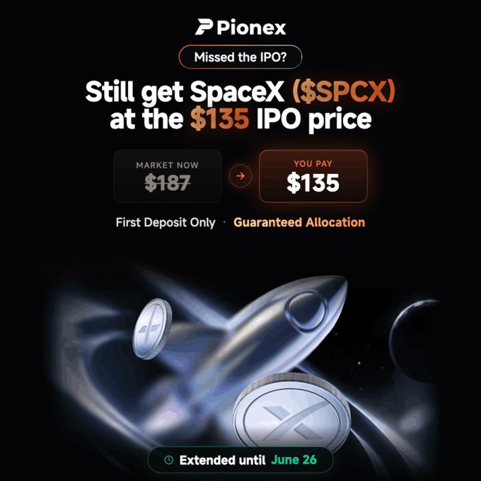 The image features an advertisement for an investment opportunity with a silver rocket flying through space, accompanied by text stating that you should still get SpaceX (SPCX) at $135 based on recent data from the IPO. The poster also mentions that this is only available until June 26 and offers a guaranteed allocation of $135 to new depositors who haven't yet invested.