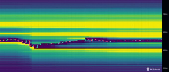 The image displays a CoinGlass liquidity heatmap for $BTC, showing significant liquidity clusters concentrated between $80,000 and $90,000, with the price currently hovering near $81,000, aligning with the post's note about major liquidity sitting above at $86K–$88K for a potential squeeze.