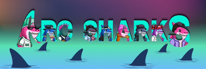 The image displays "ArcSharks" in large teal bubble letters, with cartoon sharks dressed in various outfits (suits, jerseys, hats) peeking through the letters above an ocean scene with shark fins. This visually represents the ArcSharks NFT collection being promoted in the post as a collaboration giveaway offering free mints and whitelist spots to community members.