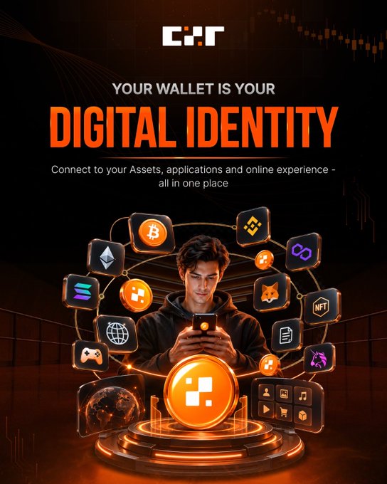An advertisement poster reading 'YOUR WALLET IS YOUR DIGITAL IDENTITY' with the subtitle 'Connect to your Assets, applications and online experience - all in one place', featuring a person surrounded by cryptocurrency and digital asset icons.