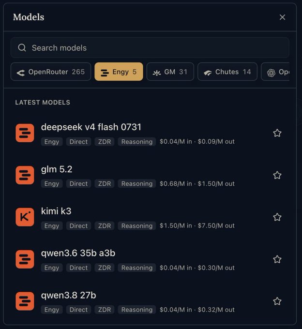 A dark-themed model selection interface titled "Models" displays a list of latest AI models available through the Engy provider, including deepseek v4 flash 0731 ($0.04/M in, $0.09/M out), glm 5.2 ($0.68/M in, $1.50/M out), kimi k3 ($1.50/M in, $7.50/M out), qwen3.6 35b a3b, and qwen3.8 27b, each tagged with "Engy, Direct, ZDR, Reasoning." The image illustrates Ditto subnet 118's integration with Engy subnet 53, showing the five models now available alongside other providers like OpenRouter (265), Chutes (14), and GM (31).