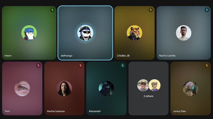 A video call grid showing nine participants with names including intern, defrango, Chidike JB, Nacho Llanillo, Tom, Vanina Ivanova, Alexander, 2 others, and Jonny Dee.