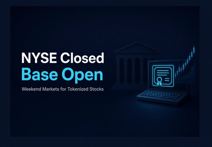 A dark promotional graphic reading 'NYSE Closed Base Open' with the tagline 'Weekend Markets for Tokenized Stocks,' featuring a glowing laptop displaying a certificate and a rising stock chart alongside a faint bank building.