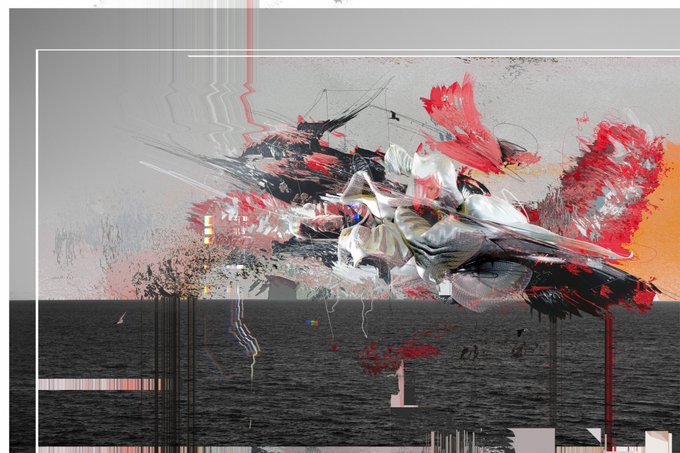 A digital glitch art composition showing abstract red, black, and white forms against a grey background, with colorful streaks and pixelated noise along the bottom edge.