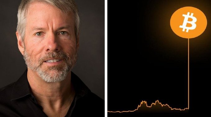A portrait of Michael Saylor alongside a Bitcoin chart showing a dramatic upward spike, illustrating his bold $10 million price target for Bitcoin.