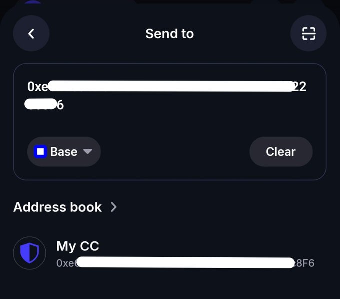 A cryptocurrency 'Send to' interface displaying wallet addresses partially redacted, with a 'Base' network option and 'My CC' entry visible.