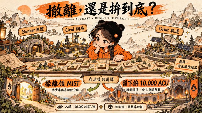 The promotional graphic for the Acurast protocol features a cute illustrated girl between a Bunker and an Orbit, presenting the choice 'ACURAST · RESIST THE PURGE' with options to 'Bunker' for MIST rewards or stay for 10,000 ACU.