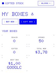 A digital interface titled 'GIFTED STOCK' showing 'MY BOXES' with statistics: 0 sealed, 50 opened, 0 gifted, a total box value of $3.78, and best box valued at $1.00 GOODLC.