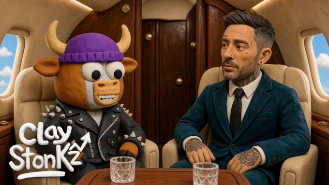 A claymation bull wearing a purple beanie and spiked leather jacket sits across from a stylized tattooed man in a blue suit inside a private jet, with the watermark "ClayStonKz" displayed in the bottom left—visually embodying the post's play on the "Clay" name and the upbeat sentiment about its future.