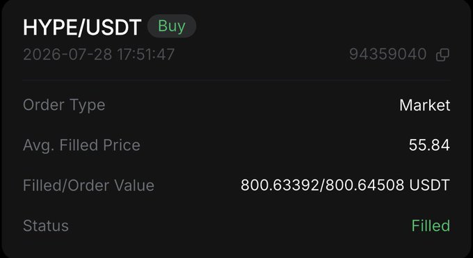 A cryptocurrency order receipt showing a filled Buy order for HYPE/USDT dated 2026-07-28 17:51:47, with an average filled price of 55.84 and filled value of 800.63392/800.64508 USDT.