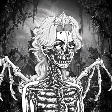 A black-and-white manga-style illustration of a skeletal, zombie-like figure with long flowing hair, a crown, exposed ribs, and bone-like wings against a dark, atmospheric background.