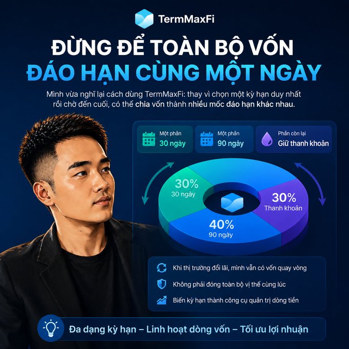 A promotional graphic for TermMaxFi features a man in a dark blazer alongside a pie chart illustrating a diversified investment strategy: 30% allocated to 30-day term, 40% to 90-day term, and 30% kept liquid. The Vietnamese headline reads "Đừng để toàn bộ vốn đáo hạn cùng một ngày" (Don't let all your capital mature on the same day), directly reinforcing the post's advice to split capital across different maturity dates rather than committing to a single term.