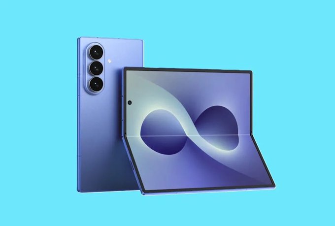 Product photo of a Samsung Galaxy Z Fold smartphone shown partially unfolded, displayed in a light blue/purple color against a bright cyan background.