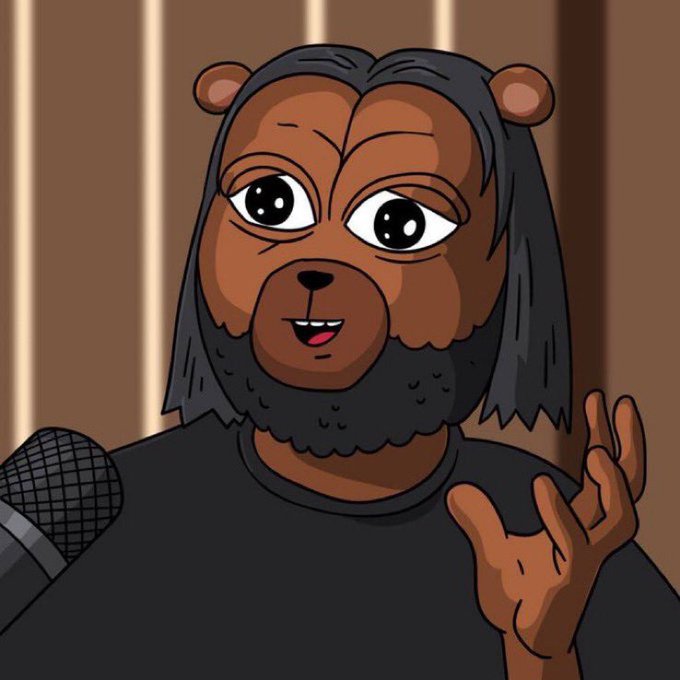 A cartoon bear character with long dark hair and a beard speaks into a microphone while gesturing with one hand, set against a brown striped background. The image visually reinforces the post's frustrated message about financial media spreading misleading headlines about $MSTR's Bitcoin-related press release, with the bear serving as the "bozo"-calling commentator.