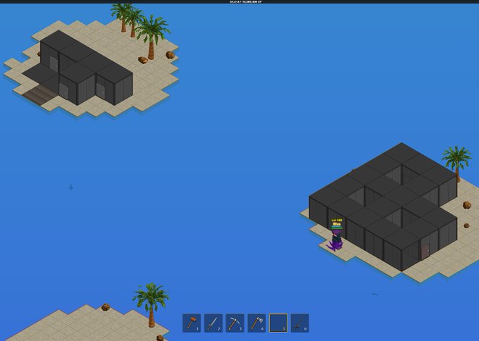 An isometric video game screenshot showing black buildings on small sandy islands with palm trees in blue water, featuring a purple character and a build/construction toolbar at the bottom.