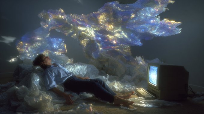 A person in a blue shirt and dark pants lies on the floor amid crumpled plastic bags, with a glowing, iridescent cloud-like formation above them, illuminated by an old CRT monitor and keyboard.