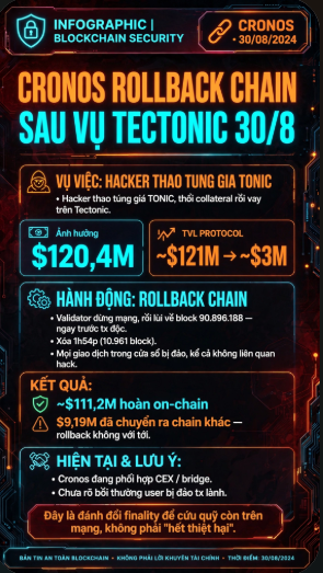 A Vietnamese-language infographic titled 'INFOGRAPHIC | BLOCKCHAIN SECURITY - CRONOS ROLLBACK CHAIN SAU VỤ TECTONIC 30/8' dated 30/08/2024, detailing a $120.4M hacker attack on the Tectonic protocol, validator actions (90,896,188 - 65s), and outcomes including ~$111.2M returned on-chain and $9.19M rolled back.