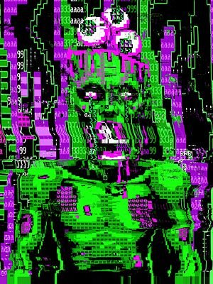 A vibrant, glitch-art style portrait featuring bright green and magenta tones, depicting a figure surrounded by pixelated symbols and code-like patterns.