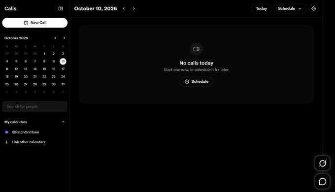 A dark-themed screenshot of a video calling calendar interface displaying October 10, 2026, indicating 'No calls today' with options to start a new call or schedule one for later.