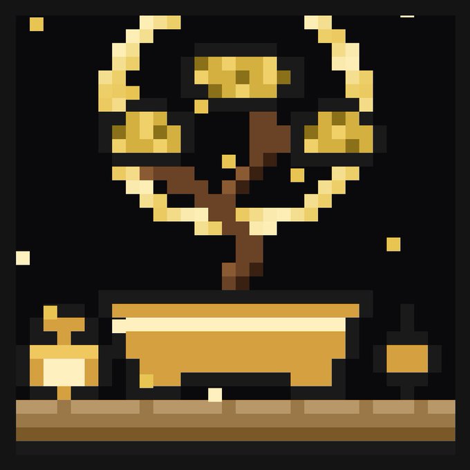 A pixel art illustration of a golden bonsai tree with curved branches and leaves arranged symmetrically, sitting in a wide golden pot on a wooden surface against a dark background.