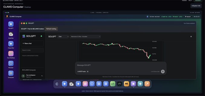 A screenshot of the CLAWD Computer desktop showing a browser tab for the SOLGPT crypto tool with a chart and a chat input box mentioning 'MCPFeeds'.