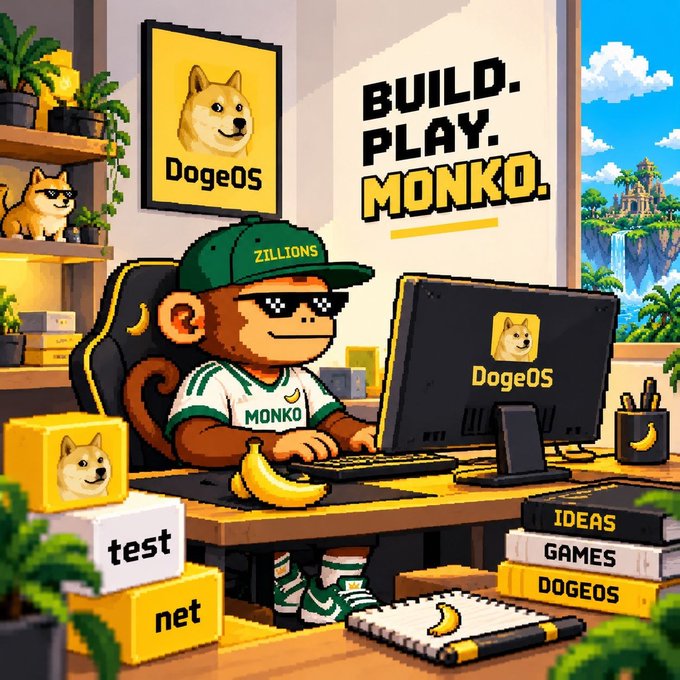 A pixel art illustration promoting "DogeOS" featuring a monkey character wearing sunglasses and a "ZILLIONS" cap working at a computer, with the tagline "BUILD. PLAY. MONKO." and Doge-themed elements throughout.