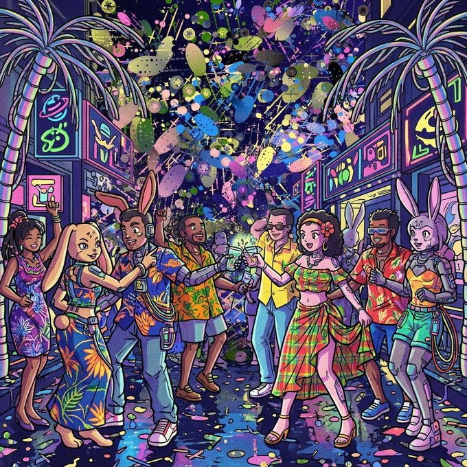 A vibrant, colorful illustration of a diverse group of people, including humans and rabbit-like characters in tropical attire, celebrating at a lively nighttime street party under neon signs and fireworks.