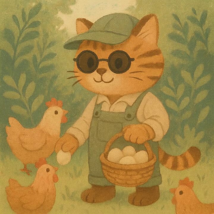 The image features a cartoon cat wearing sunglasses, holding a basket of eggs while surrounded by chickens. There are at least six chickens visible in the scene, with some standing near the cat and others scattered around the area. The overall atmosphere appears to be light-hearted and whimsical, as if it's an egg hunt or a playful interaction between the cat and the chickens.