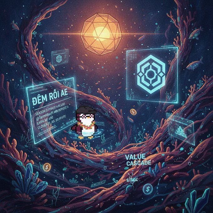 Digital art featuring a pixelated astronaut underwater surrounded by holographic screens, coral, and floating coins, with text 'ĐÊM RỒI AE' and 'VALUE CASCADE'.
