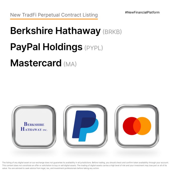 Bybit promotional graphic announcing the new TradFi perpetual contract listings for Berkshire Hathaway ($BRKB), PayPal Holdings ($PYPL), and Mastercard ($MA), featuring the company logos for each.