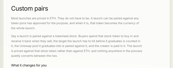 A screenshot of a text section titled "Custom pairs" explaining that most launches are priced in ETH, detailing how Uniswap pool graduates are paired against approved tokens.
