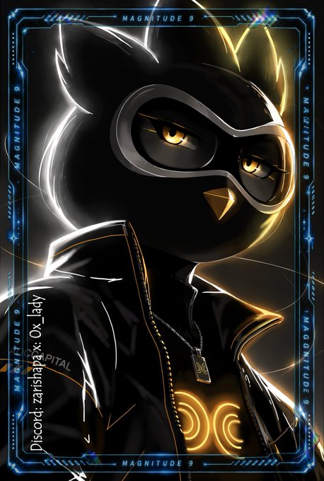 A stylized digital illustration of a black penguin wearing a black jacket and goggles, set against a neon blue and gold framed border labeled 'MAGNITUDE 9' with Discord handle 'zarishahax: Ox.lady'.