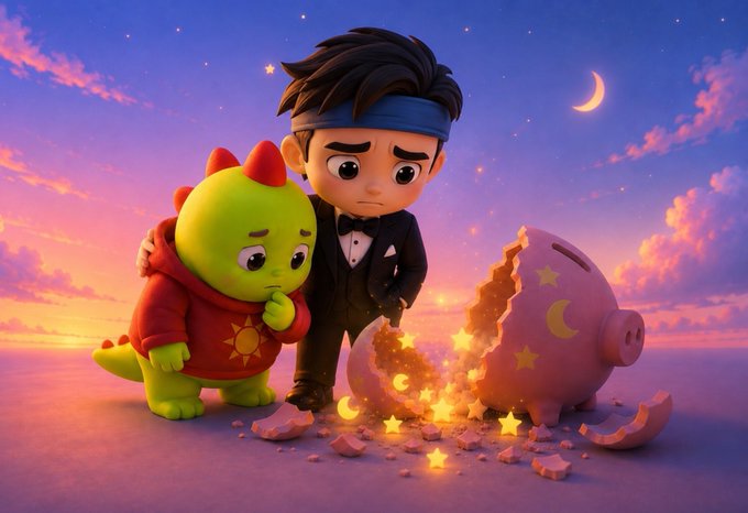 A young boy in a tuxedo and his green dinosaur companion look downcast as they witness a shattered piggy bank spilling glowing stars and moons, symbolizing the disruption of a healthy sleep routine. The image visually echoes the post's message about focusing on sleep quality rather than just hours, with the broken piggy bank representing how irregular sleep patterns can "break" one's rest and well-being.