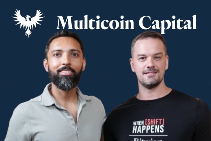 Two men pose in front of a dark blue background featuring the "Multicoin Capital" logo with a phoenix emblem. The man on the right wears a black "When Shift Happens" t-shirt, while the post highlights an episode discussing crypto market bottoms and investment strategies with Tushar Jain, Managing Partner and CIO of Multicoin Capital.