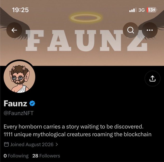 A screenshot of a Twitter/X profile for 'Faunz' (@FaunzNFT) with a verified badge, featuring a horned character avatar and the description 'Every horned carries a story waiting to be discovered. 1111 unique mythological creatures roaming the blockchain,' with 28 followers.