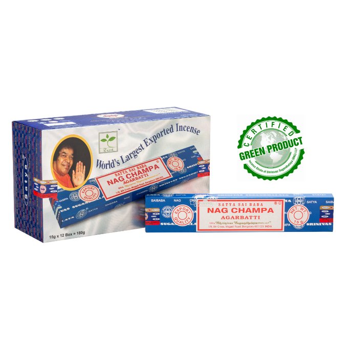 Satya Sai Baba Nag Champa Agarbatti incense packaging, featuring 'World's Largest Exported Incense' text and a Certified Green Product badge.