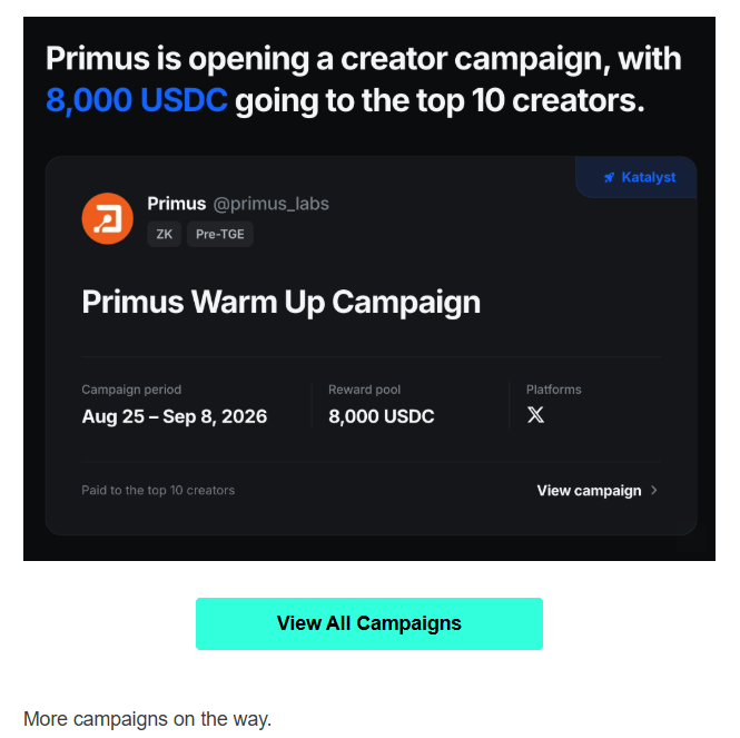 A promotional screenshot for a 'Primus Warm Up Campaign' by @primus_labs, offering 8,000 USDC to the top 10 creators, running from Aug 25 – Sep 8, 2026.