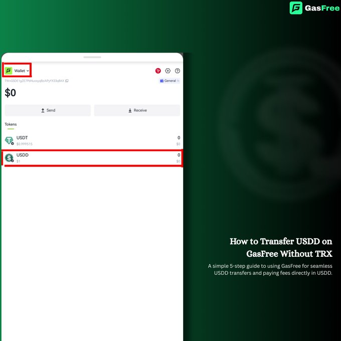 A digital wallet interface displays a balance of $0 in USDT alongside a highlighted USDD token entry with a $1 value, illustrating the GasFree tutorial for transferring USDD on the TRON network without requiring TRX for gas fees, aligning with the post's message about cost-efficient stablecoin transfers using #GasFree.