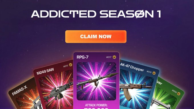 A mobile game advertisement for 'ADDICTED SEASON 1' featuring a 'CLAIM NOW' button above weapon cards including 'RPG-7', 'M249 SAW', and 'AK-47 Chopper'.