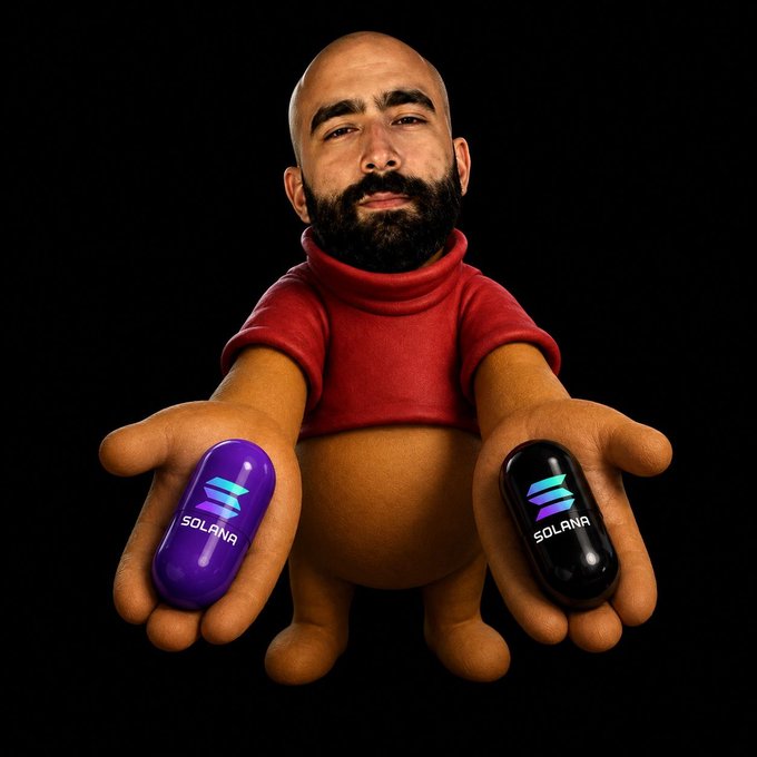 A bald, bearded figure in a red turtleneck holds out two Solana-branded pills, one purple and one black, each displaying the "SOLANA" logo. The image visually represents a choice between Solana options, reinforcing the post's message that "SOLANA is the best choice."
