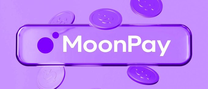 A purple 3D graphic featuring the MoonPay logo in a glossy rectangular button surrounded by floating purple coins with smiley face designs.