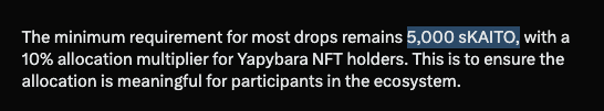 A text snippet stating 'The minimum requirement for most drops remains 5,000 $KAITO, with a 10% allocation multiplier for Yapybara NFT holders.'
