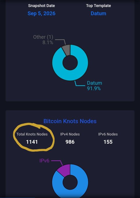 The image displays a dashboard with a snapshot date of Sep 5, 2026, highlighting "Datum" as the top template at 91.9% alongside an "Other (1)" category at 8.1%, while the lower section shows Bitcoin Knots Nodes statistics totaling 1,141 nodes—comprising 986 IPv4 and 155 IPv6 nodes—visually circled in yellow to emphasize the network size referenced in the post about bDashjr's Blake Network.