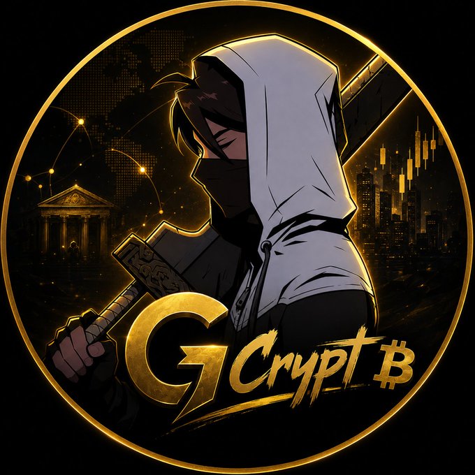 Circular logo featuring an anime-style hooded swordsman with a sword on their back, a Bitcoin symbol, and the text 'Crypto' against a gold and black cityscape background.