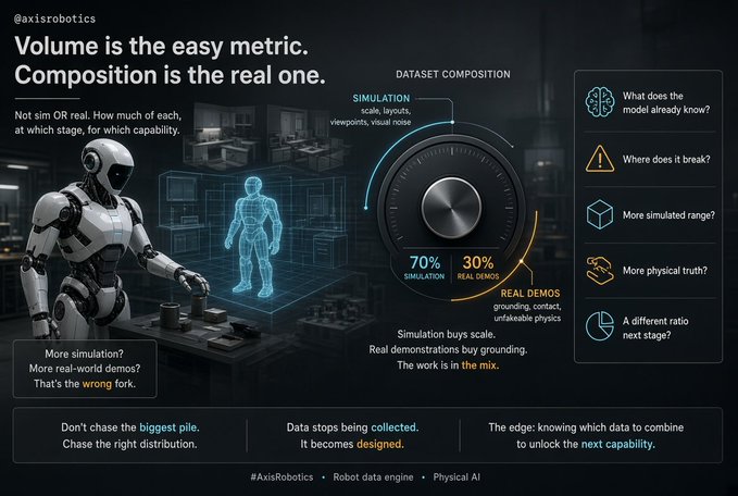 An infographic titled "Volume is the easy metric. Composition is the real one." by @axisrobotics, showing a robot and data composition wheel with 70% simulation and 30% real demos breakdown.