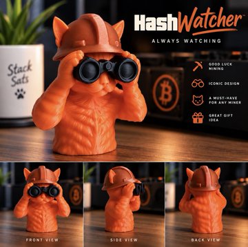 A promotional image for 'HashWatcher' shows an orange cat figurine wearing a hard hat and holding binoculars, displayed from front, side, and back views.