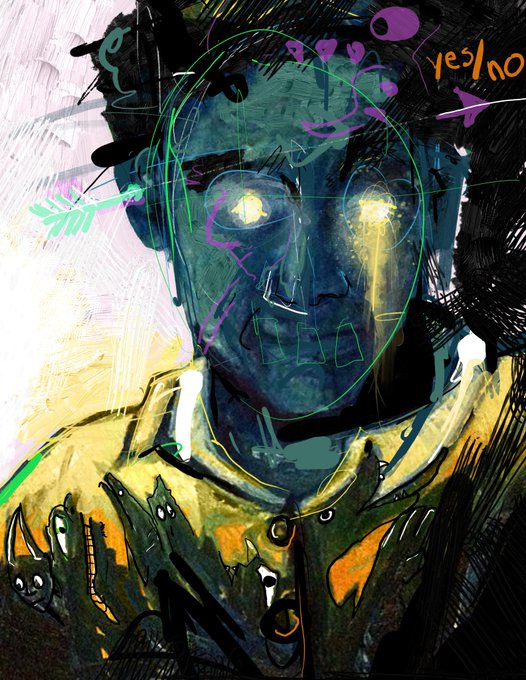 An expressive painted portrait of a blue-skinned figure with glowing yellow eyes, intricate line work, and small animal figures, signed 'YES/NO' in the upper right.