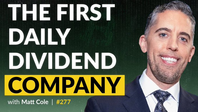 The image features an advertisement for a show called "The First Daily Dividend Company". The advertisement has a man, possibly Matt Cole, smiling and featured within the frame as he poses next to a green background that includes text such as "@MattCole" and "#377". In addition to the man, there is also text about Bitcoin, which may be related to the show's topic.